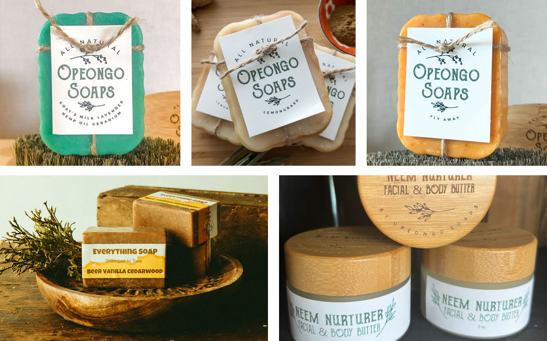 An image collage featuring multiple products from Opeongo Soaps