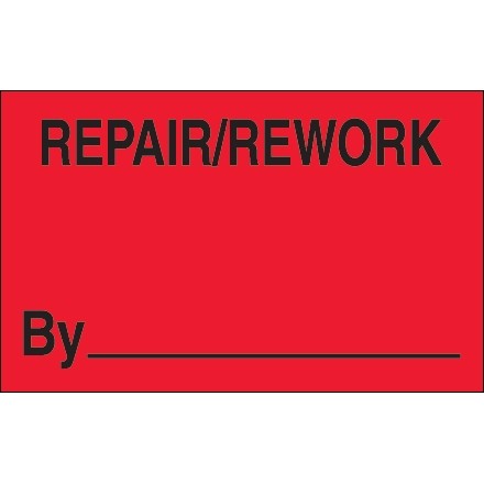Fluorescent Red "Repair/Rework By" Production Labels, 1 1/4 x 2"