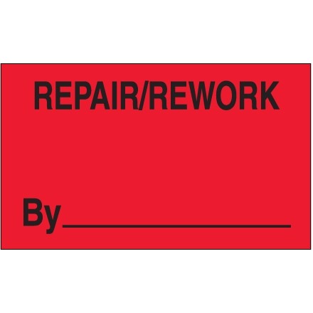 Fluorescent Red "Repair/Rework By" Production Labels, 3 x 5"