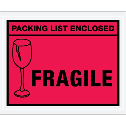 "Packing List Enclosed - Fragile" Envelopes, Red, 4 1/2 x 5 1/2"