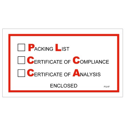 "Packing List/Cert of Compliance/Cert. of Analysis Enclosed" Envelopes, Red/Black, 5 1/2 x 10"