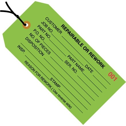 Pre-Strung "Repairable or Rework" Inspection Tags, Green, 4 3/4 x 2 3/8"