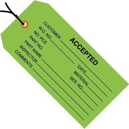 Pre-Strung "Accepted" Inspection Tags, Green, 4 3/4 x 2 3/8"