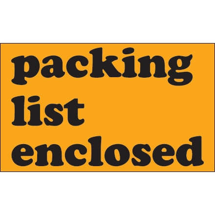 " Packing List Enclosed" Fluorescent Orange Labels, 3 x 5"
