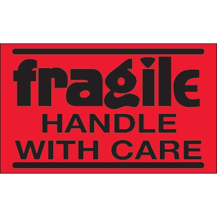 " Fragile - Handle With Care" Fluorescent Red Labels, 3 x 5"