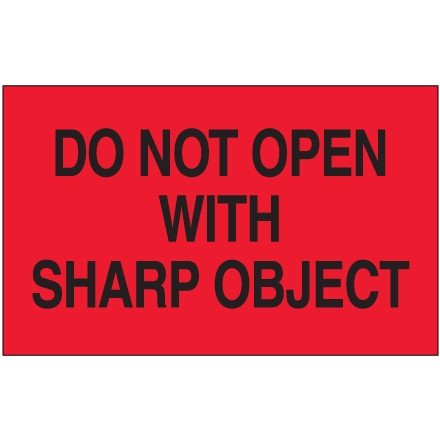 " Do Not Open With Sharp Object" Fluorescent Red Labels, 3 x 5"