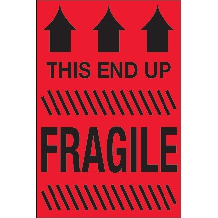 " This End Up - Fragile" Fluorescent Red Labels, 4 x 6"