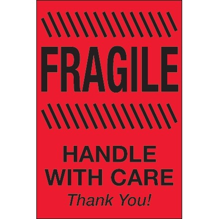 " Fragile - Handle With Care" Fluorescent Red Labels, 4 x 6"