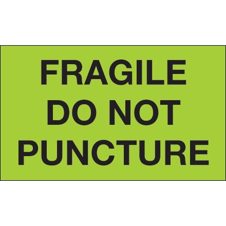 " Fragile - Do Not Puncture" Green Labels, 3 x 5"