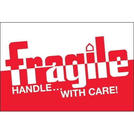 " Fragile Handle... With Care!" Labels, 2 x 3", Red/White