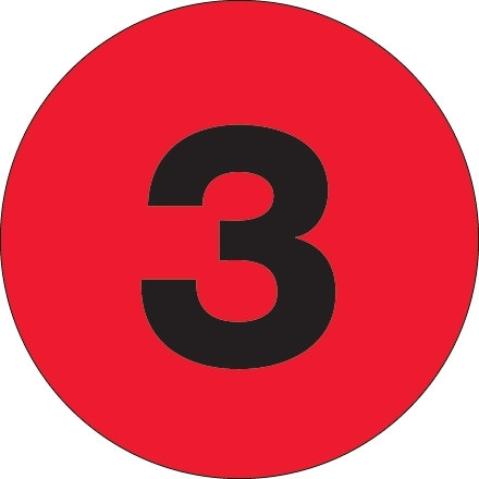 Fluorescent Red Circle "3" Number Labels - 2"