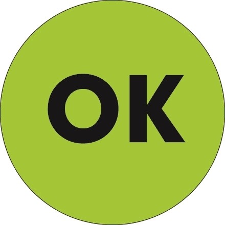 Fluorescent Green "OK" Circle Inventory Labels, 1"