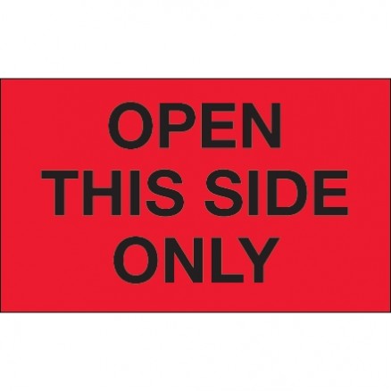 " Open This Side Only" Fluorescent Red Labels, 3 x 5"