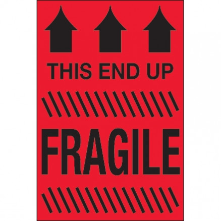 " This End Up - Fragile" Fluorescent Red Labels, 4 x 6"