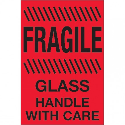 " Fragile - Glass - Handle With Care" Fluorescent Red Labels, 4 x 6"