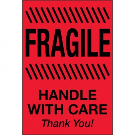 " Fragile - Handle With Care" Fluorescent Red Labels, 2 x 3"