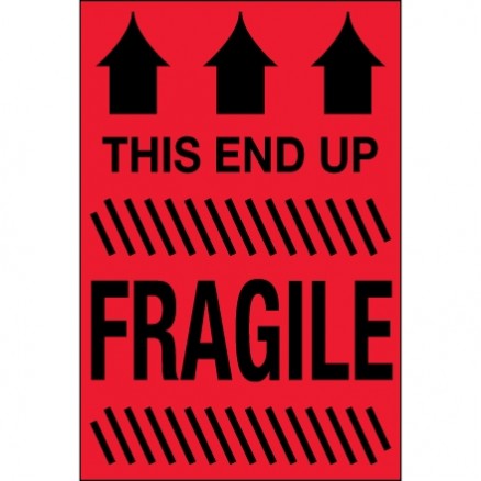 " This End Up - Fragile" Fluorescent Red Labels, 2 x 3"