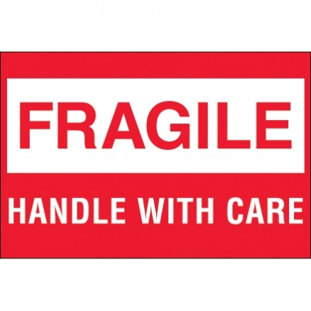 " Fragile - Handle With Care" Labels, 2 x 3", White/Red