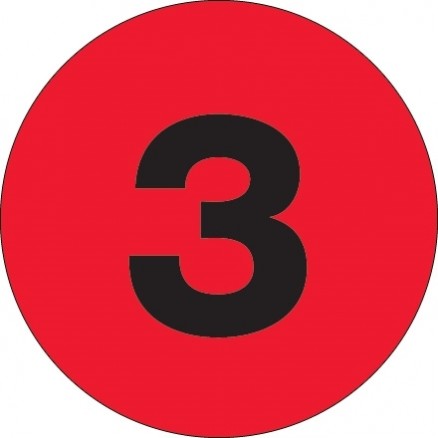 Fluorescent Red Circle "3" Number Labels - 3"