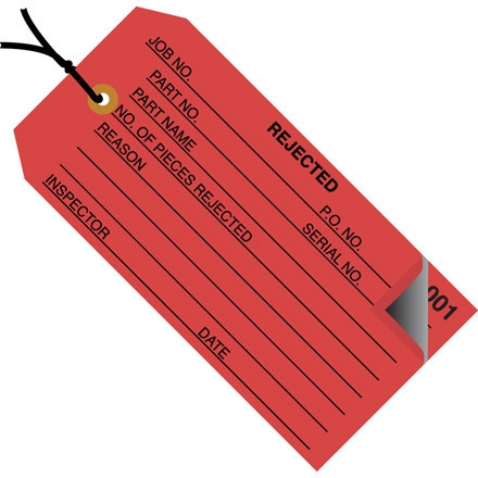 Pre-Strung 2-Part Numbered "Rejected" Inspection Tags (000-499), Red, 4 3/4 x 2 3/8"
