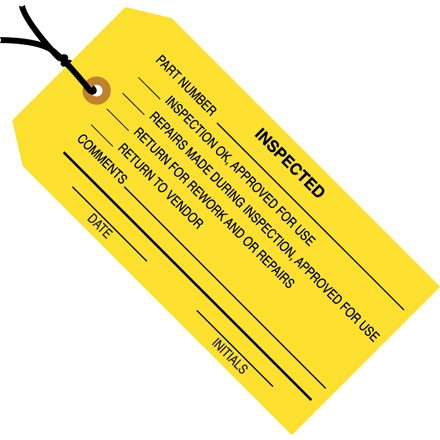 Pre-Strung "Inspected" Inspection Tags, Yellow, 4 3/4 x 2 3/8"