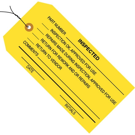Pre-Wired "Inspected" Inspection Tags, Yellow, 4 3/4 x 2 3/8"