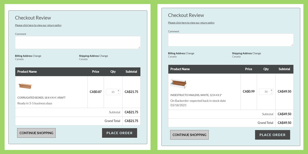 an image of packaging lead times on checkout pages